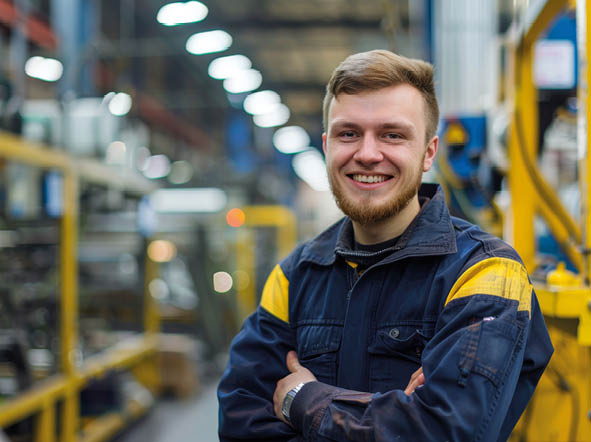 Junger Mann in Arbeitskleidung in einer Fabrikhalle