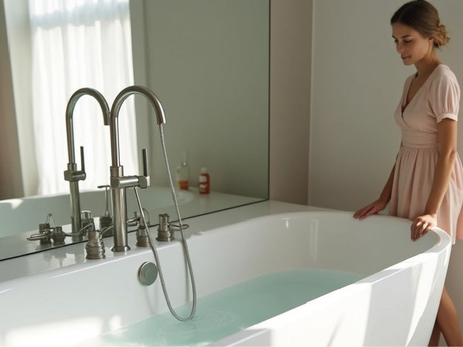 Frau im Bad neben Badewanne