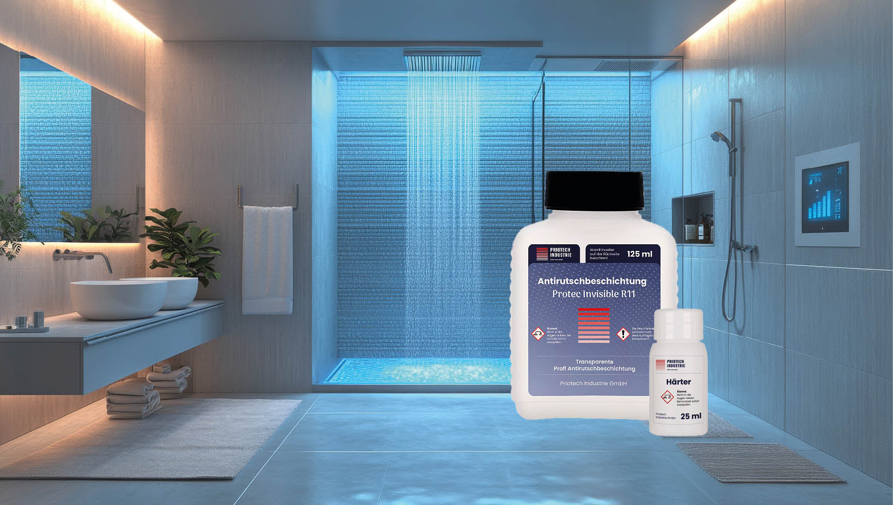 Großes Bad mit einer Regendusche und Antirutsch Beschichtung Protec Invisible 