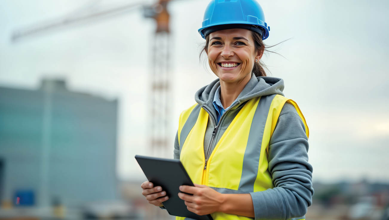 Schöne Frau mit blauem Helm auf einer Bausttelle