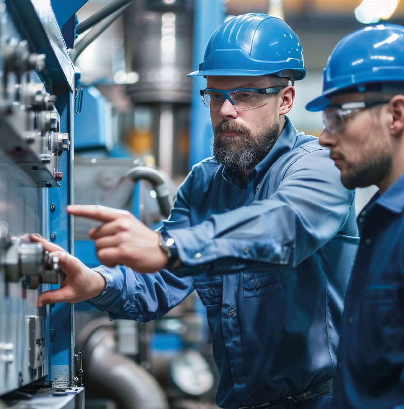 Arbeiter mit blauen Helmen an einer Maschine