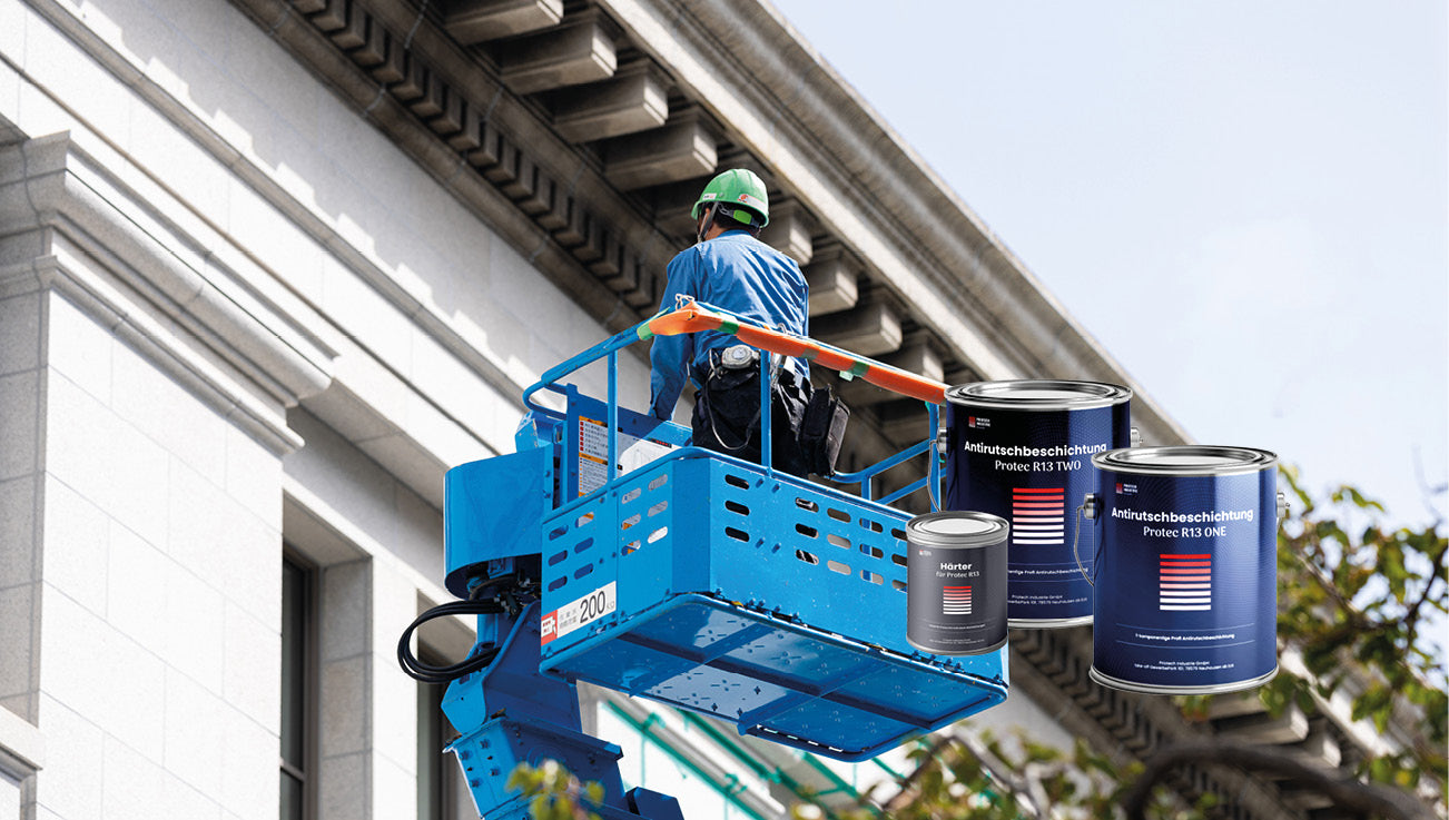 Hebebühne mit einem Mann und Priotech Industrie Antirutsch Beschichtungen