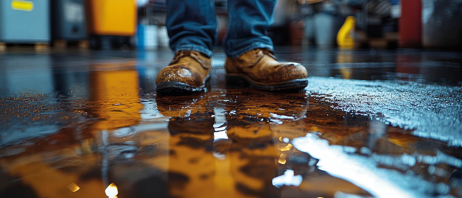Schuhe auf einem öligen Boden in einer Fabrik