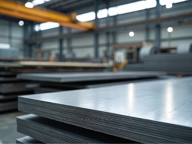 Metall Arbeitsplatten, geschichtet in einer Fabrikhalle