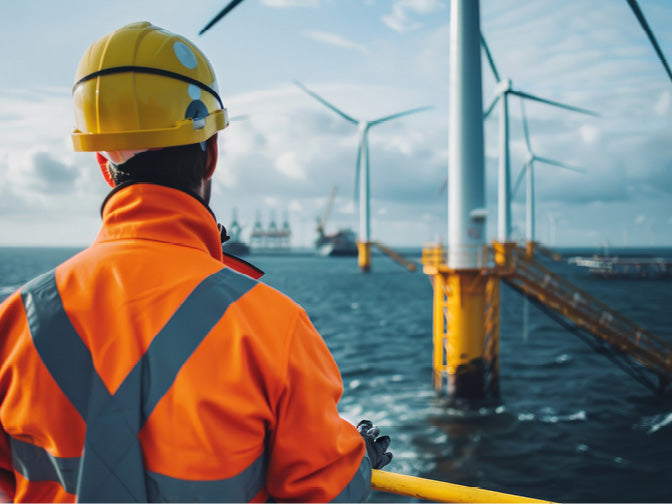 Arbeiter mit gelbem Helm in einer Offshore Windkraftanlage
