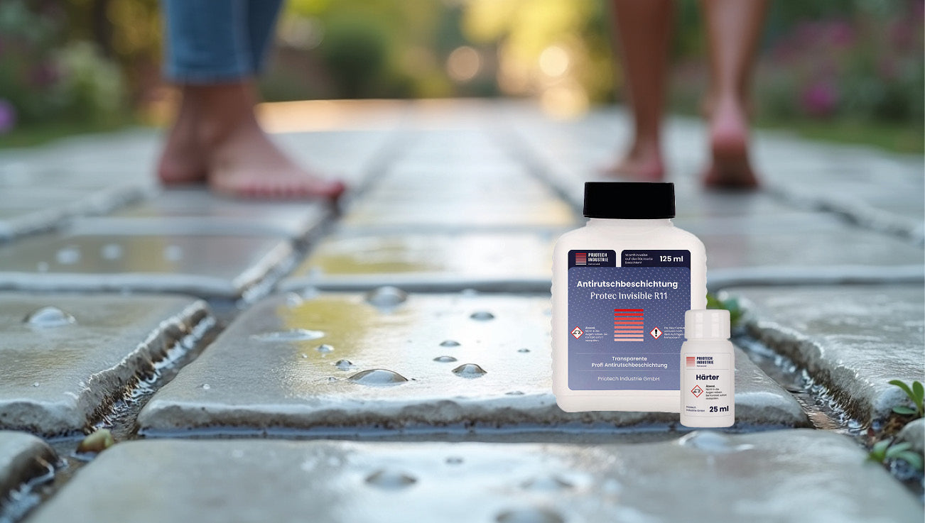 Nasser Steinboden mit Protec Invisible Antirutschbeschichtung