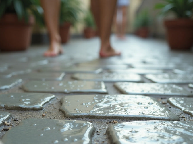 Nasses Kopfsteinpflaster mit nackten Füßen