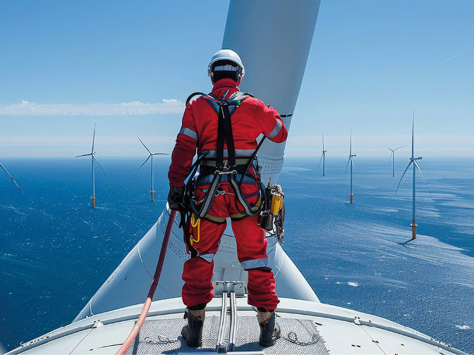 Mann auf einer Gondel eines Windrades in einem Offshore Windpark