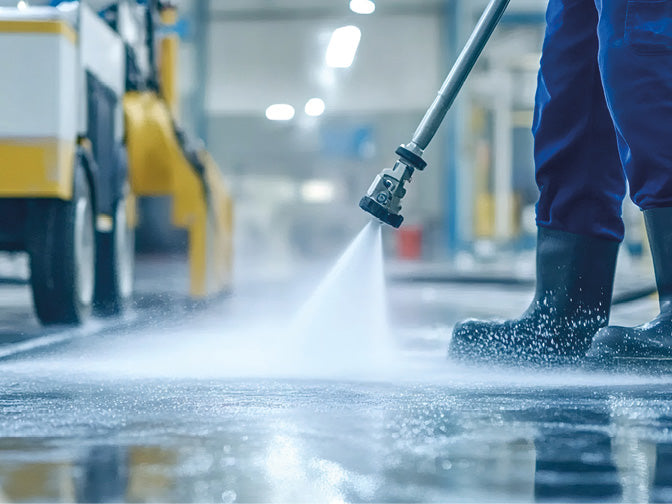 Hallenboden der mit einem Dampfstrahler gereinigt wird.