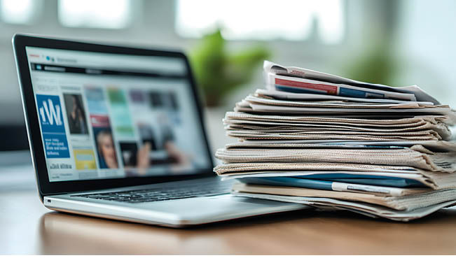 Zeitschriften und Laptop auf einem Tisch