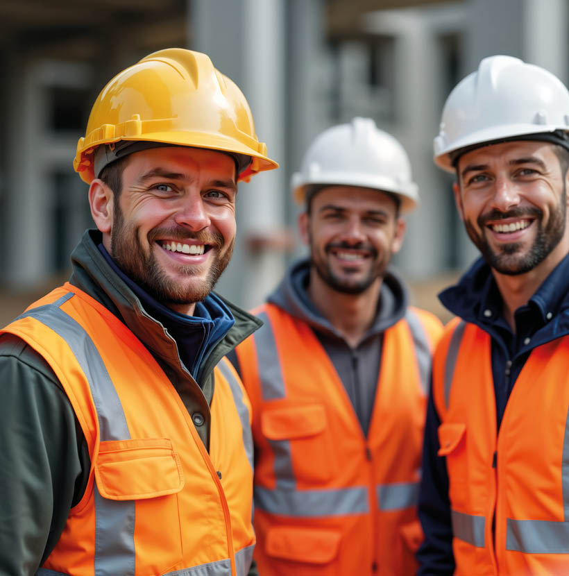 Drei Männer mit Helmen und Warnkleidung